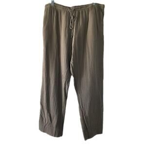 Dylan Pull On Pants Woman’s L Crinkle Cotton Olive Drawstring Pocket Cropped